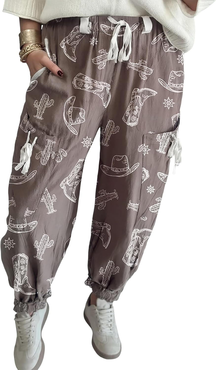 MARZXIN Casual Pants for Women Western Cactus Cowgirl Hat Boot Printed Vintage Drawstring Jogger Pants | Amazon (US)