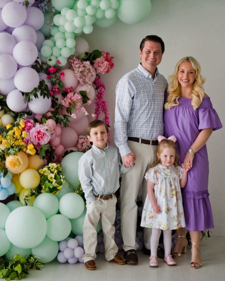 Easter outfits. Easter looks. Easter family photos. Spring family photos. Tuckernuck dress under $200. The Beaufort Bonnet Company. Peter Millar men’s. Men’s performance button down. Family looks. Preppy kids. Spring florals. Purple off the shoulder dress. 

Size XS dress 
Size 5 on Remy 
Size 3T on Sutton
Medium in button down on Justin. 

#LTKSeasonal #LTKfamily #LTKkids