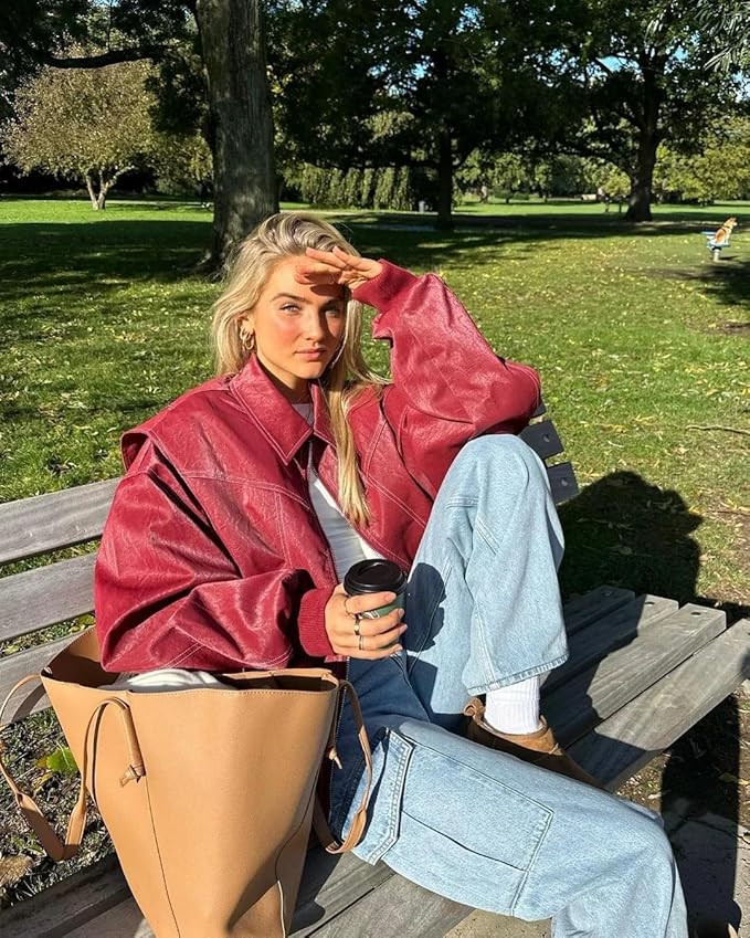 utcoco Women's Faux Leather Motorcycle Jacket Oversized Zip Up Winter Coat Outerwear 2024 Fall Fa... | Amazon (US)