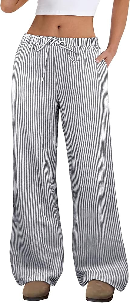 ANRABESS Women's Striped Gingham Pants 2025 Fall Pajama Lounge Boxer Pants Casual Wide Leg Drawst... | Amazon (US)