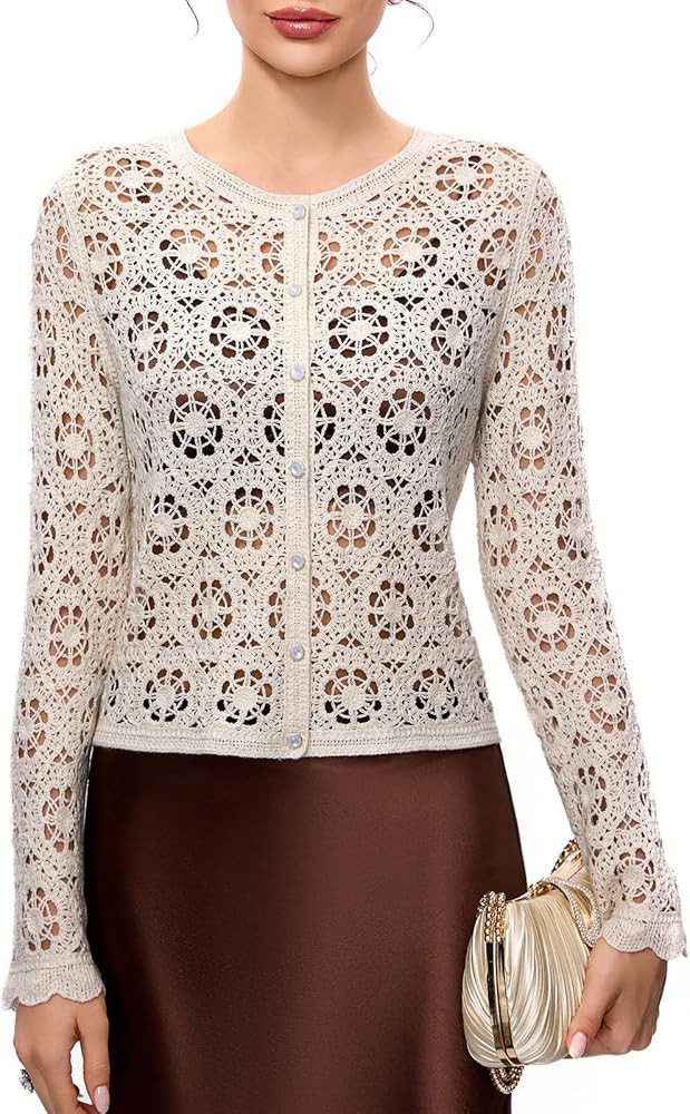 FAIRY SEASON Women's Crochet Cardigan with Golden Thread, Vintage Cropped Openwork Knit Sweater f... | Amazon (US)
