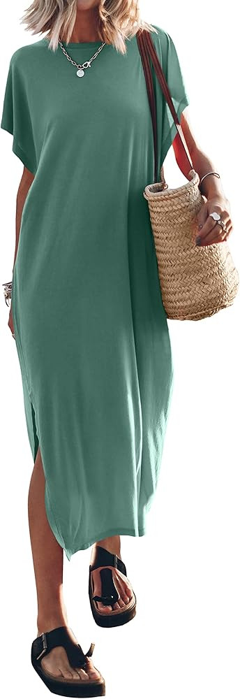 ANRABESS Women's Summer T-Shirt Maxi Dress Batwing Sleeve Crewneck Casual Loose Slit Side Long Be... | Amazon (US)