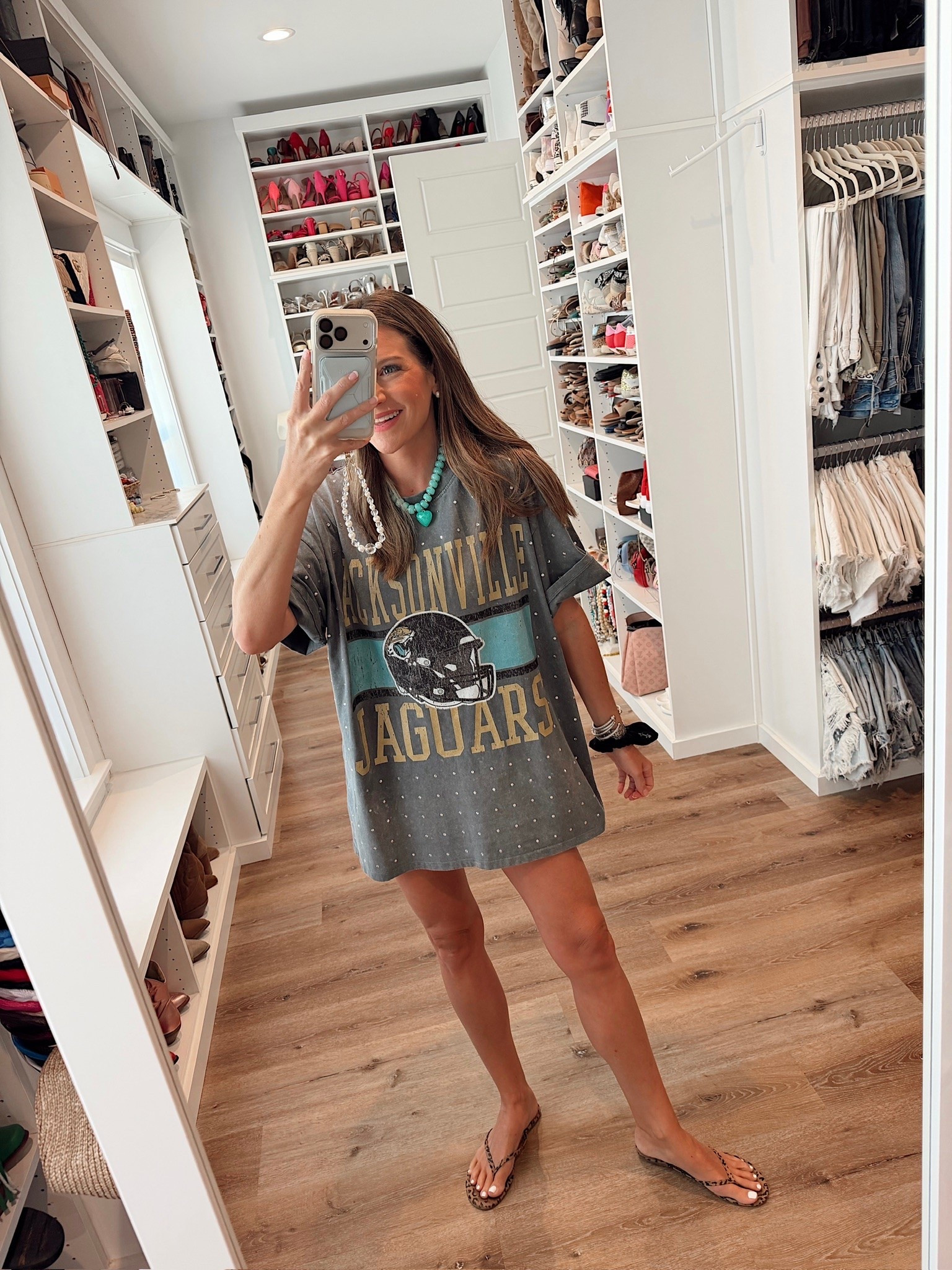 Love dressing for NFL game days! Jaguars tee in a large, sandals, necklace and accessories - fits tts.

#LTKootd #LTKSeasonal #LTKgrwm