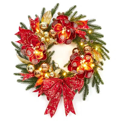 24 Inch Christmas Wreath, Pre-Lit Front Door Wreath with Red Bow & Flowers, Artificial Pine Needles | Wayfair North America