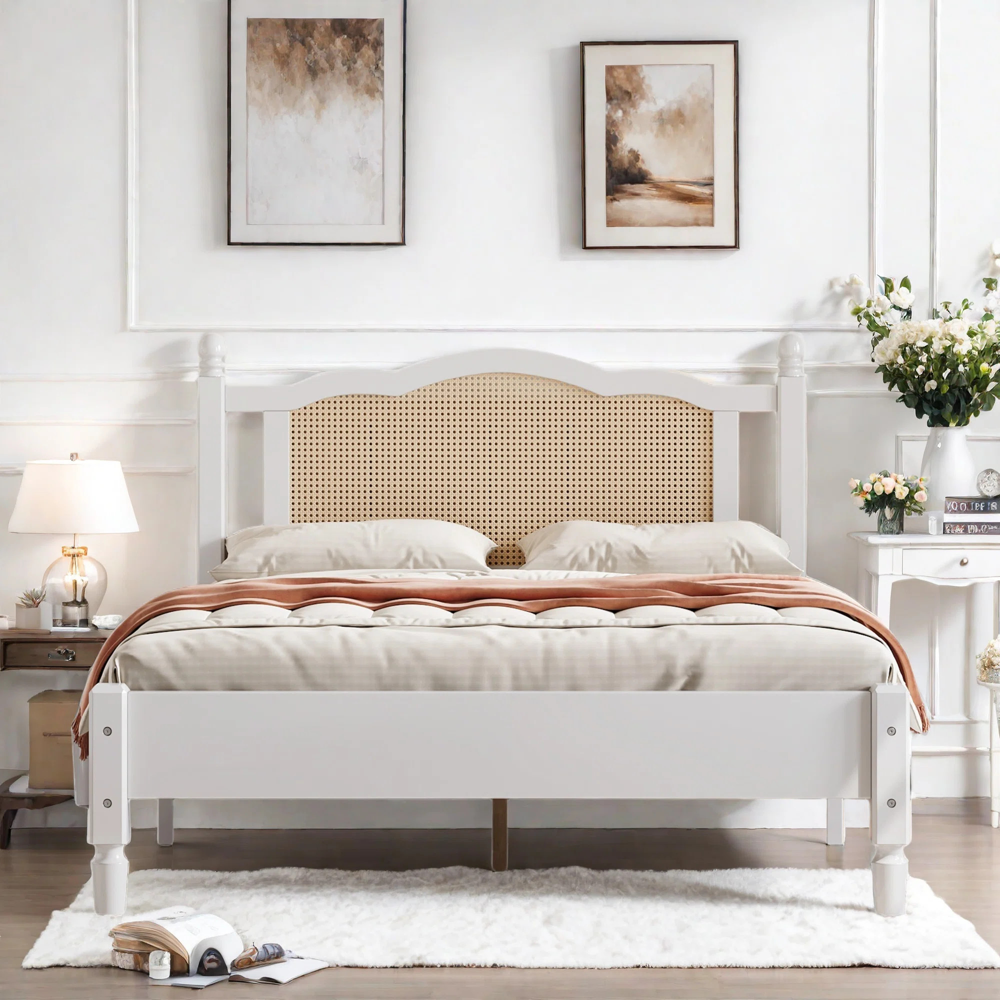 finessefurs Bohemian Wooden Platform Bed With Natural Rattan Headboard And Arc Design | Wayfair | Wayfair North America
