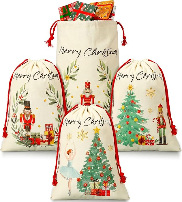 Moukeren 4 Pcs Christmas Sack Bag Christmas Gift Bag with Drawstring Canvas Nutcrackers Decoratio... | Amazon (US)