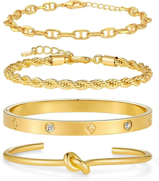 LILIE&WHITE Gold Plated Bangle Bracelet Set for Women Chain Bracelets Stacking Cuban Link Bracele... | Amazon (US)