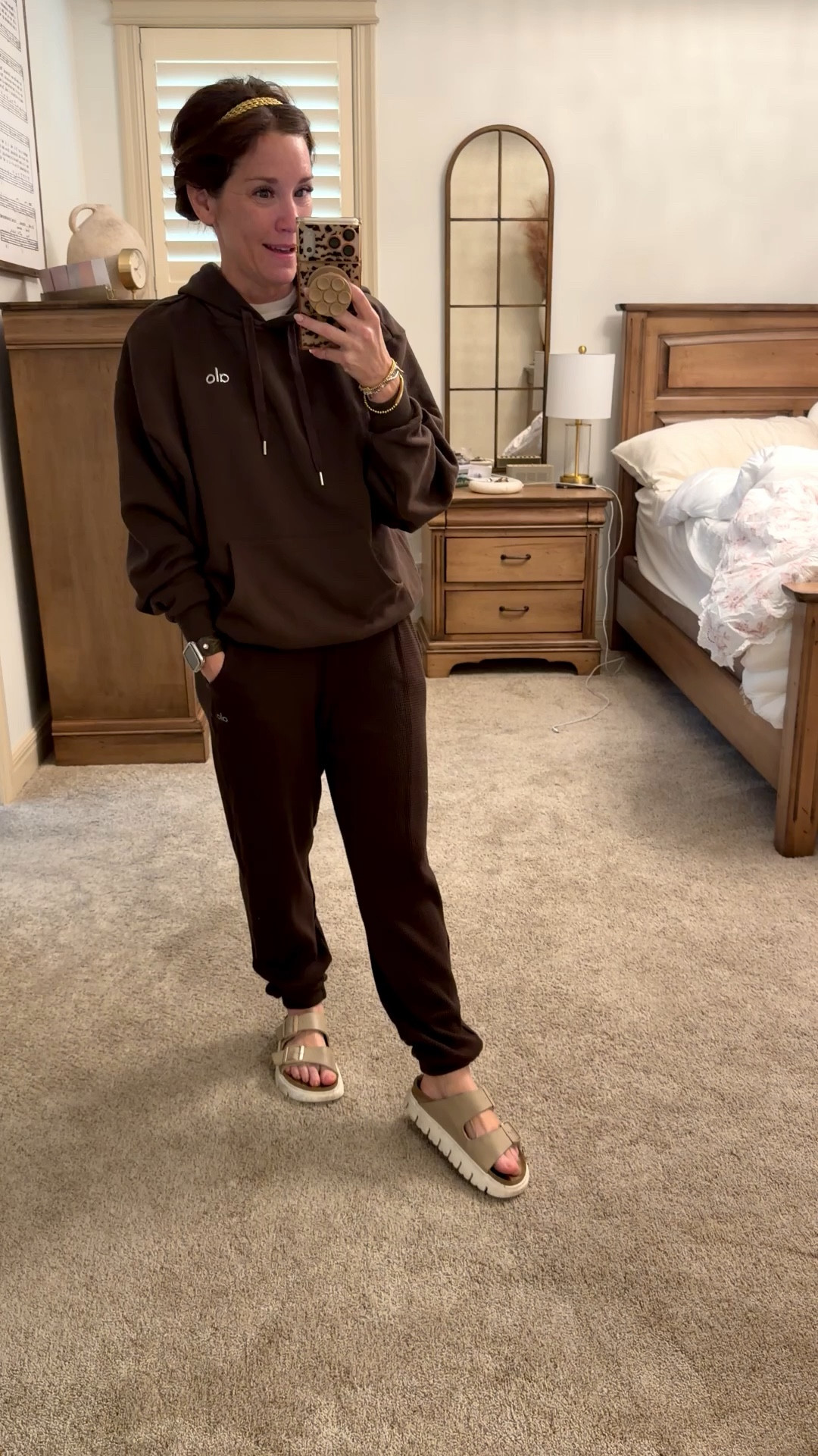 Chocolate monochromatic look from ALO love these waffle jogger pants and hoodie so cute and stylish!!

And these platform Birkenstocks have been a staple for me especially over the spring summer and fall. Also have them in pink 💗

@HSN 