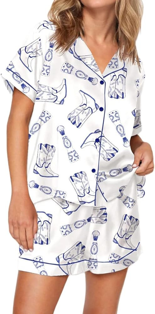 LILTWIST Women's Cowboy Boots Pajamas Silk Satin Western Cowgirl Print Pjs Y2k 2 Piece Short Slee... | Amazon (US)