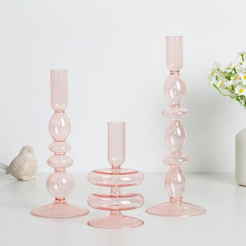 Hewory Glass Pink Candlestick Holders: Set of 3 Taper Candle Holders Vintage Candle Stick Candleholder, Colorful Glass Bubble Candleholders for Table Centerpiece, Wedding, Dinner, Party, Home Decor | Amazon (US)