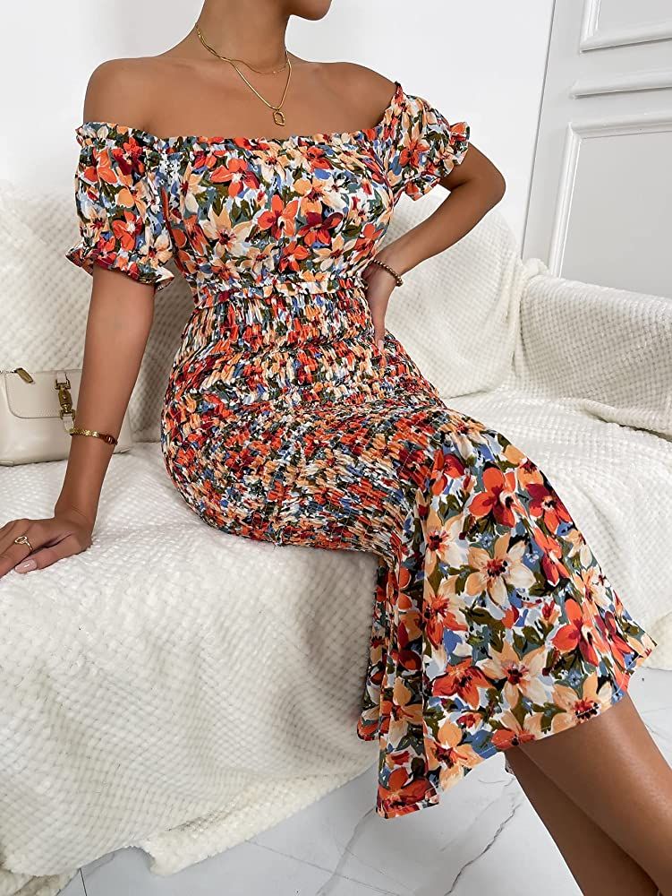 SweatyRocks Women's Floral Print Off Shoulder Shirred Midi Dress Short Sleeve Ruffle Hem Dresses | Amazon (US)