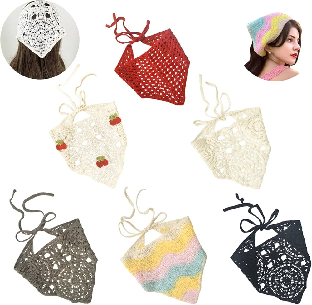 6PCS Crochet Bandanas Headbands,Hollow Knitted Head Kerchief Tie-Back Head Coverings Floral Heads... | Amazon (US)