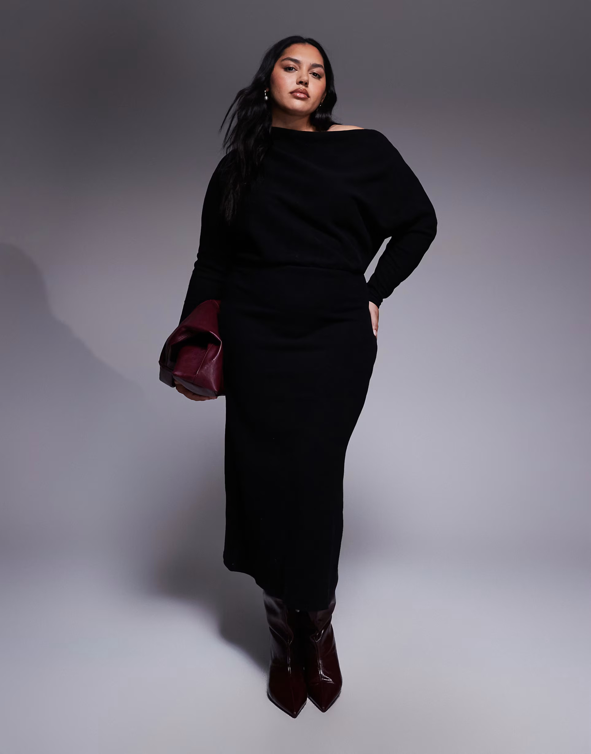 ASOS DESIGN Curve supersoft long sleeve fallen shoulder midi in black | ASOS | ASOS (Global)