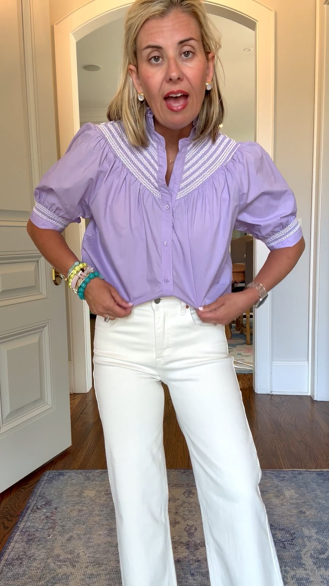 I’m loving this lavender top with designer vibe details! I’m is small top, 26 jeans & 7 sandal (I sized 1 down). 

#LTKmomlife #LTKSeasonal #LTKOver40