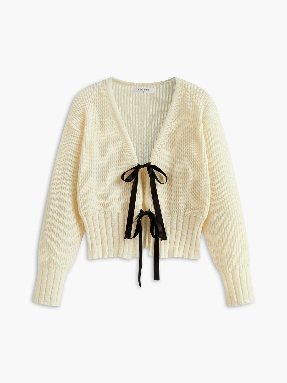 V-Neck Bow Ribbed Cardigan | Commense