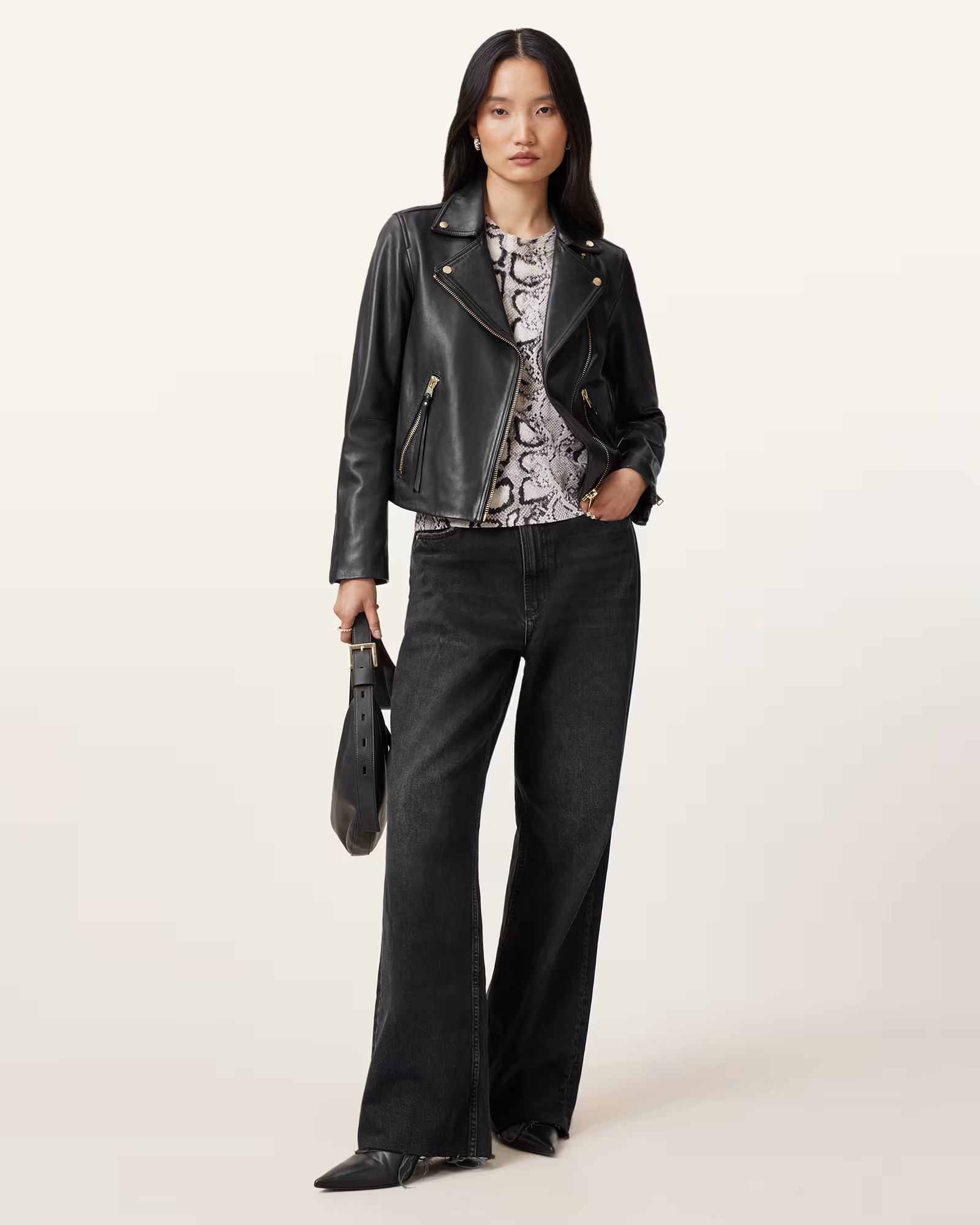 Dalby Slim Fit Leather Biker Jacket BLACK/GOLD | ALLSAINTS US | AllSaints US