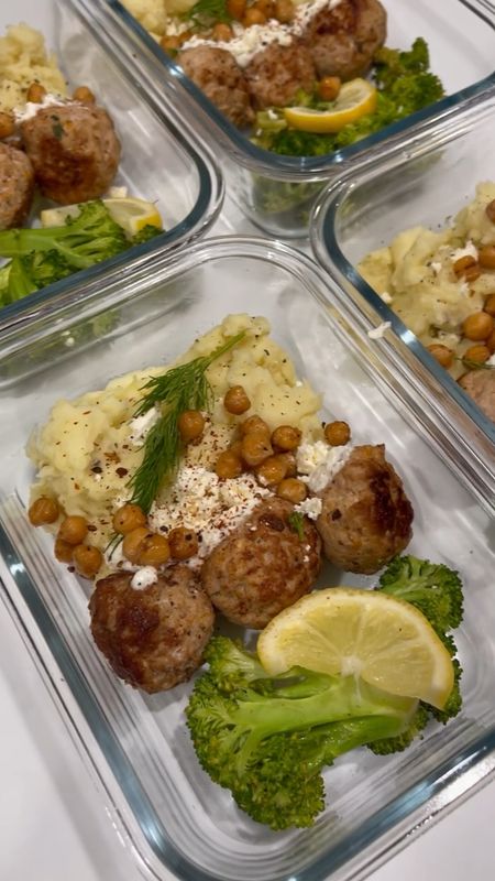SAVE this GREEK-STYLE TURKEY MEATBALL BOWL for your next meal prep session. Full of flavor and protein. 💪🏼 

TO MAKE: Add mashed potatoes, meatballs and broccoli to a container and top with whipped feta drizzle, a lemon slice, feta crumbles, fresh dill, cracked pepper, red pepper flakes and crispy garlicky chick peas. 

GREEK-STYLE TURKEY MEATBALLS 
2 pounds ground turkey meat 
3 red mini sweet peppers, stem/seeds removed
1/2 red onion
10 garlic cloves 
1/4 cup feta crumbles
1 sprig of fresh dill
1 sprig of fresh parsley 
2 eggs
1 cup breadcrumbs 
2 tbsp cracked black pepper
1.5 tbsp salt
1 tbsp garlic powder 
Olive oil 

DIRECTIONS 
1. Add the meat to a large bowl. 
2. In a food processor combine peppers, onion, garlic, feta, dill and parsley. Pulse until everything is finely minced then pour  over the meat. 
3. Add eggs, breadcrumbs and seasoning. 
4. Mix and roll into meatballs (aprox. 3 tbsp measurements makes about 30 meatballs). 
5. Add olive oil to a large pan on medium heat. Slowly add meatballs (do in batches) and cook until the meatballs are golden brown and fully cooked. Make sure to rotate so all areas of the meatballs are evenly cooked. 

WHIPPED FETA DRIZZLE 
1/2 cup Greek yogurt
1/2 cup feta crumbles 
1/2 of a lemon (juice only)
2 cloves garlic
1/4 tsp salt
1/2 tsp cracked black pepper 

DIRECTIONS 
1. Combine all the ingredients into a food processor and pulse until smooth. 

#mealprep #mealprepping #mealprepmonday #mealplanning #easyrecipes #food #dinnerideas #lunchideas #feedfeed

#LTKfindsunder50 #LTKhome #LTKVideo