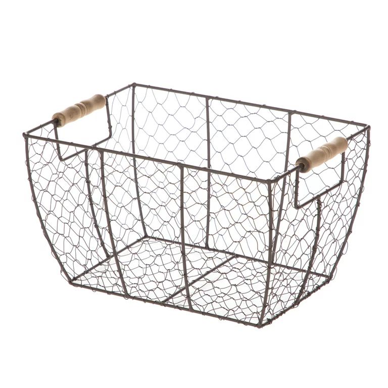 Mainstays Decorative Brown Chicken Wire Basket with Wood Handles. 12.2x8x7.28 | Walmart (US)