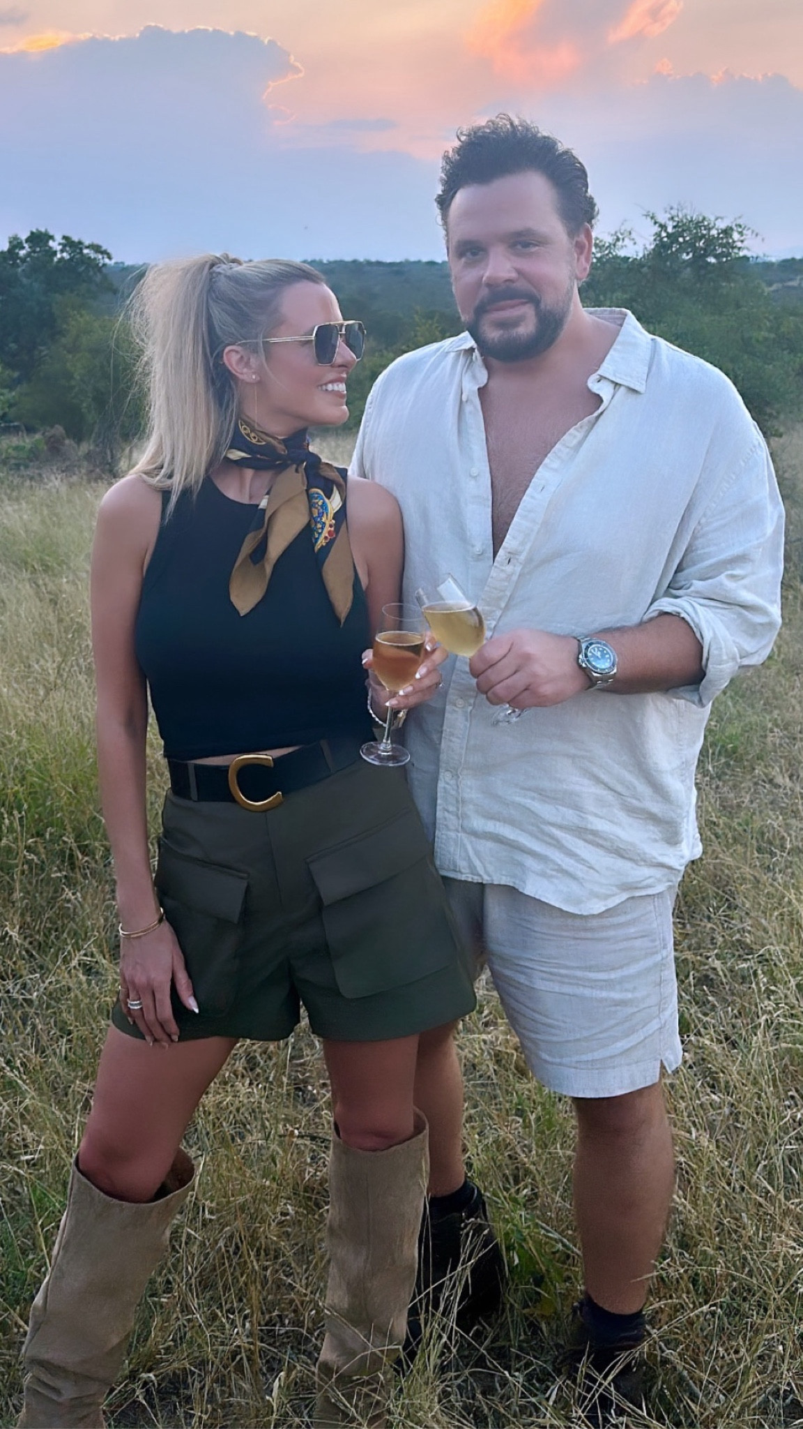 Safari Style: His & Hers // mixed & mayched a lot of pieces we already had in our closet for this look! My silk scarf is vintage Celine from Paris, but I linked some similar inexpensive options! // Sizing: black tank/small, olive green cargo shorts/small, Kyle linen shirt/XL, Kyle linen shorts/XL