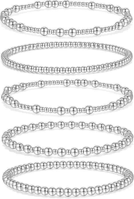 Badu Silver Beaded Bracelets for Women no tarnish Silver plated Stackable Bead Ball Bracelet Stre... | Amazon (US)