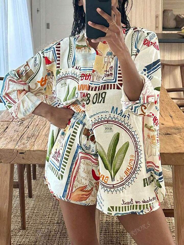 Spring And Summer Multi-Color Lapel Plant Pattern, Bohemian Elegance, Casual Fashion, Pocket Button Design Long-Sleeved Shorts Women's Two-Piece Suit, | SHEIN