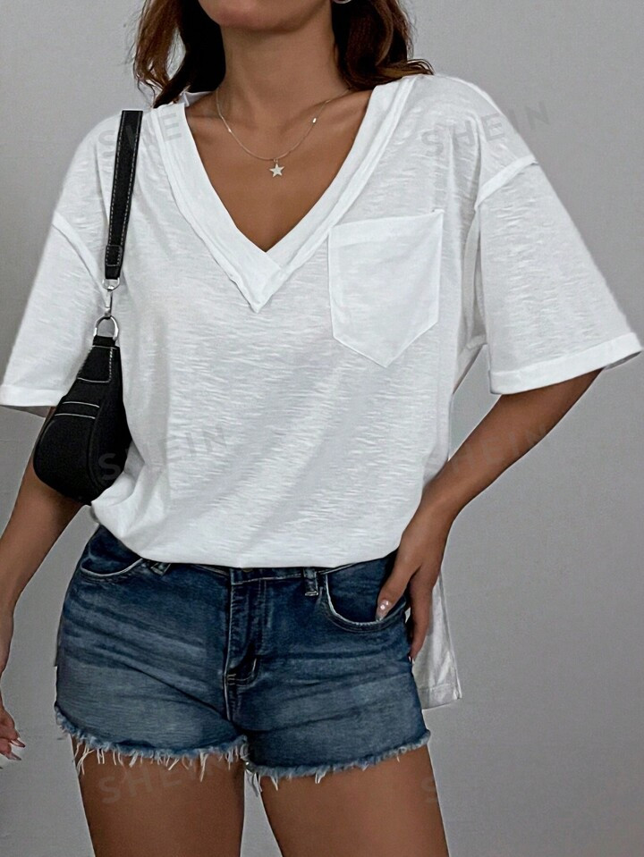 SHEIN EZwear Women's Summer Solid Color See-Through Drop Shoulder V-Neck Casual T-Shirt | SHEIN U... | SHEIN