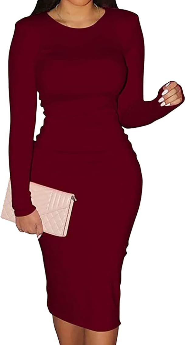 LalaLin Women's Sexy Dress Long Sleeve Solid Color Round Neck Party Basic Elegant Work Midi Dresses | Amazon (US)