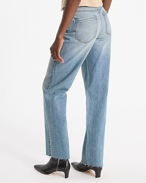 High Waisted Medium Wash Ripped Raw Hem Straight Jeans | Express