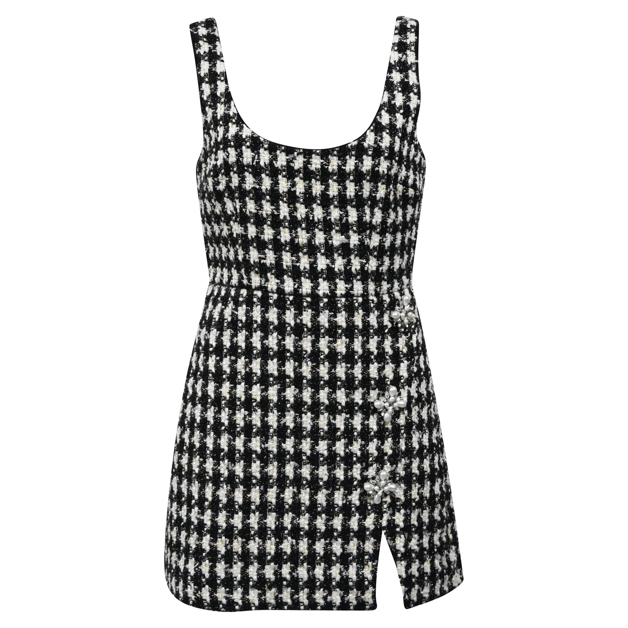 Self-Portrait Check Boucle Mini Dress in Black and White Polyester | Shop Simon