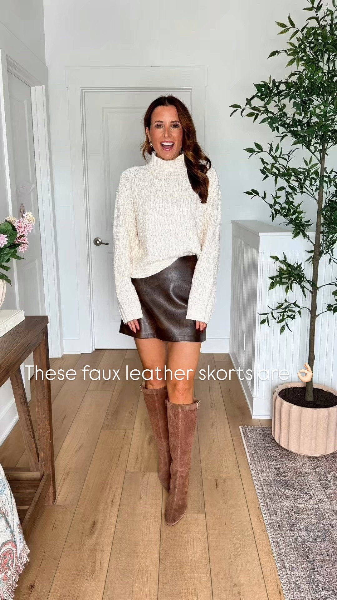 New faux leather skorts in XXS curve love (linking regular version, too). CL gives you a little bit of extra room in the hips and the thighs and is great for hourglass or pear shapes. Fall outfits. Fall style. I went up half a size in knee high boots. Thanksgiving outfit. Brunch outfit. XXS in cream sweater.
