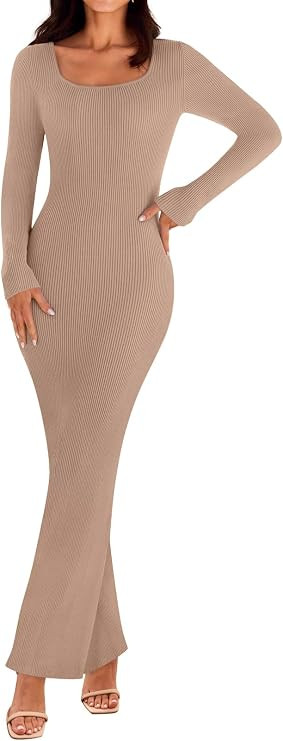 MEROKEETY Women's 2025 Fall Long Sleeve Bodycon Sweater Dress Square Neck Ribbed Knit Party Maxi ... | Amazon (US)