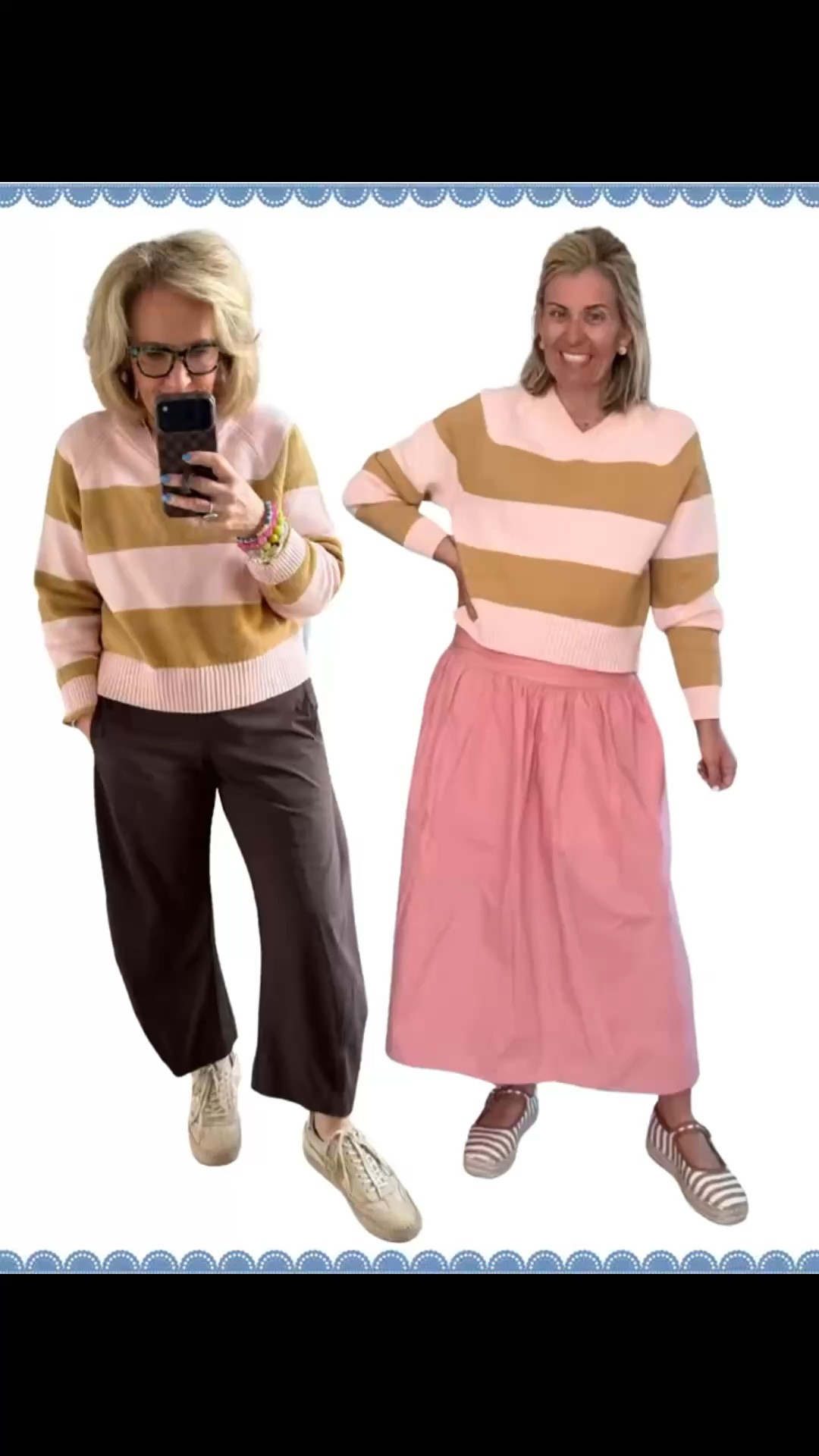 Twinning with @sweetfringebenefits! The cutest sweater from tar-jay! This sweater is the perfect layer piece & the stripes are such a statement maker. I’m in a xs sweater & small skirt. 

#LTKPetite #LTKdayinmylife #LTKOver40