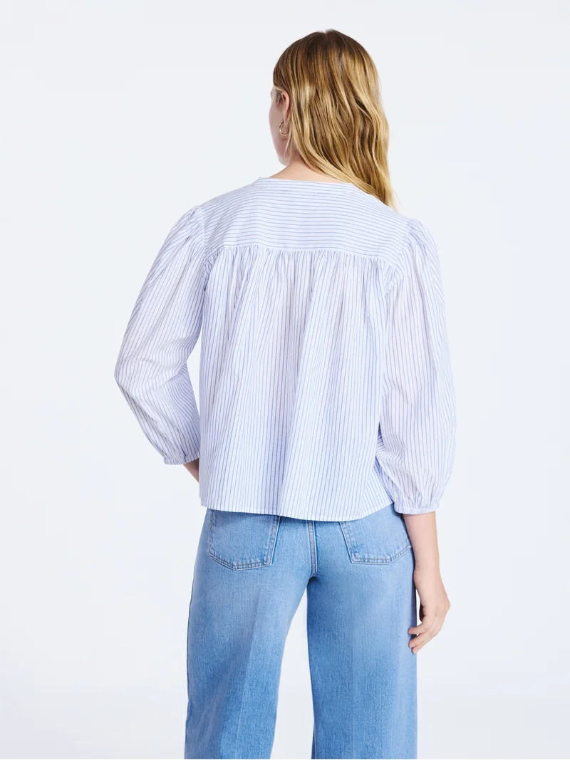 Free Assembly Women's Shirred Cotton Button Down Blouse with Long Sleeves, Sizes XS-XXL | Walmart (US)