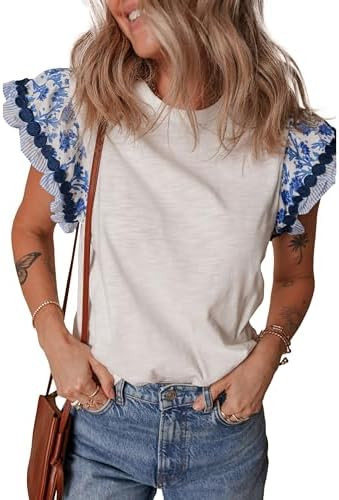 SELINK Womens Summer Ruffle Short Sleeve Top Crewneck T Shirts Floral Trim Casual Blouses | Amazon (US)