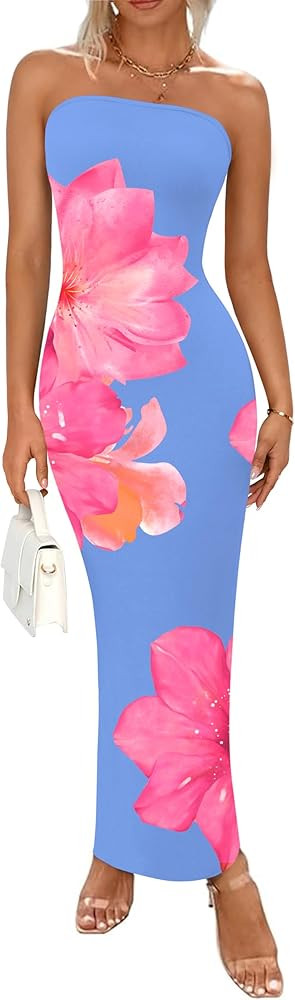 PRETTYGARDEN Women Summer Strapless Maxi Dress Bodycon Floral Sexy Long Wedding Guest Dress Forma... | Amazon (US)