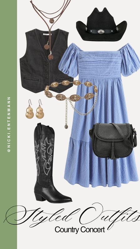 Country concert idea featuring this blue dress from Abercrombie! 

Country concert outfit, black denim vest, black cowboy boots, metal belt, spring style, western style, amazon fashion 

#LTKSeasonal #LTKstyletip