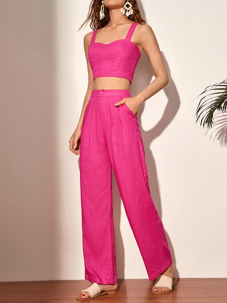 SHEIN BIZwear Crisscross Back Crop Cami Top & Plicated Detail Pants | SHEIN