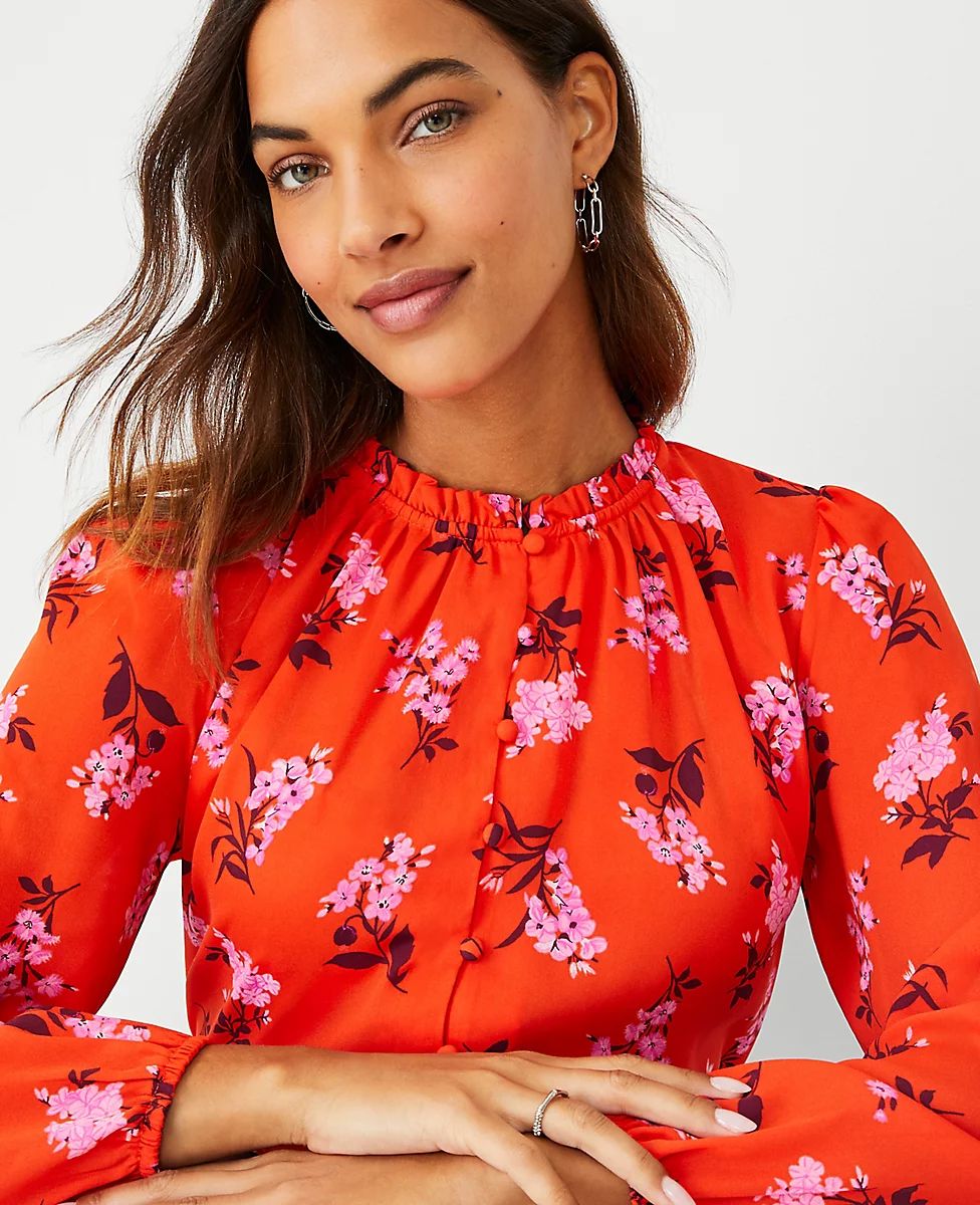 Floral Mixed Media Button Front Top | Ann Taylor (US)