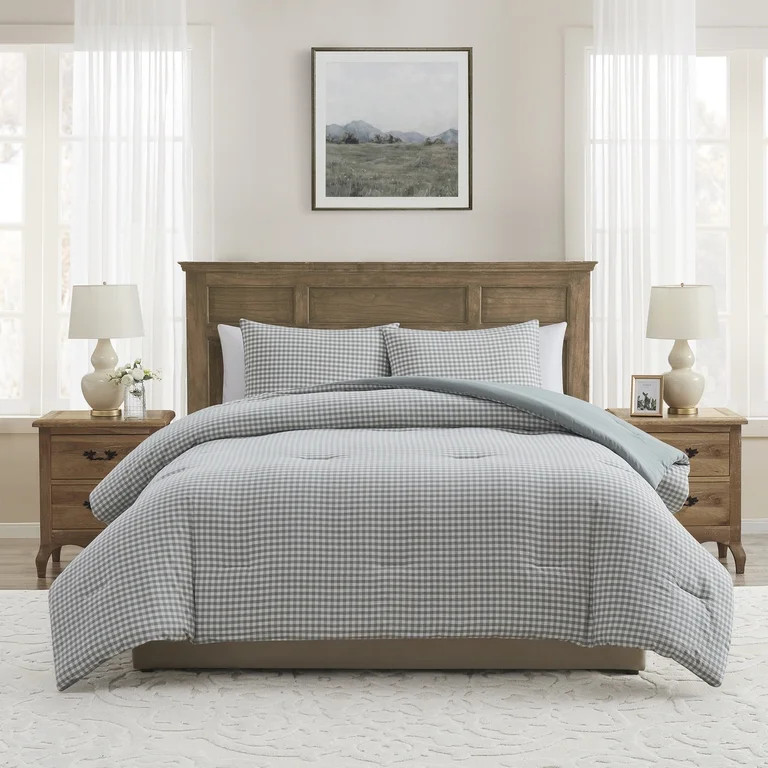My Texas House Collins 2-Piece Green Gingham Cotton Comforter Set, Twin/Twin XL | Walmart (US)