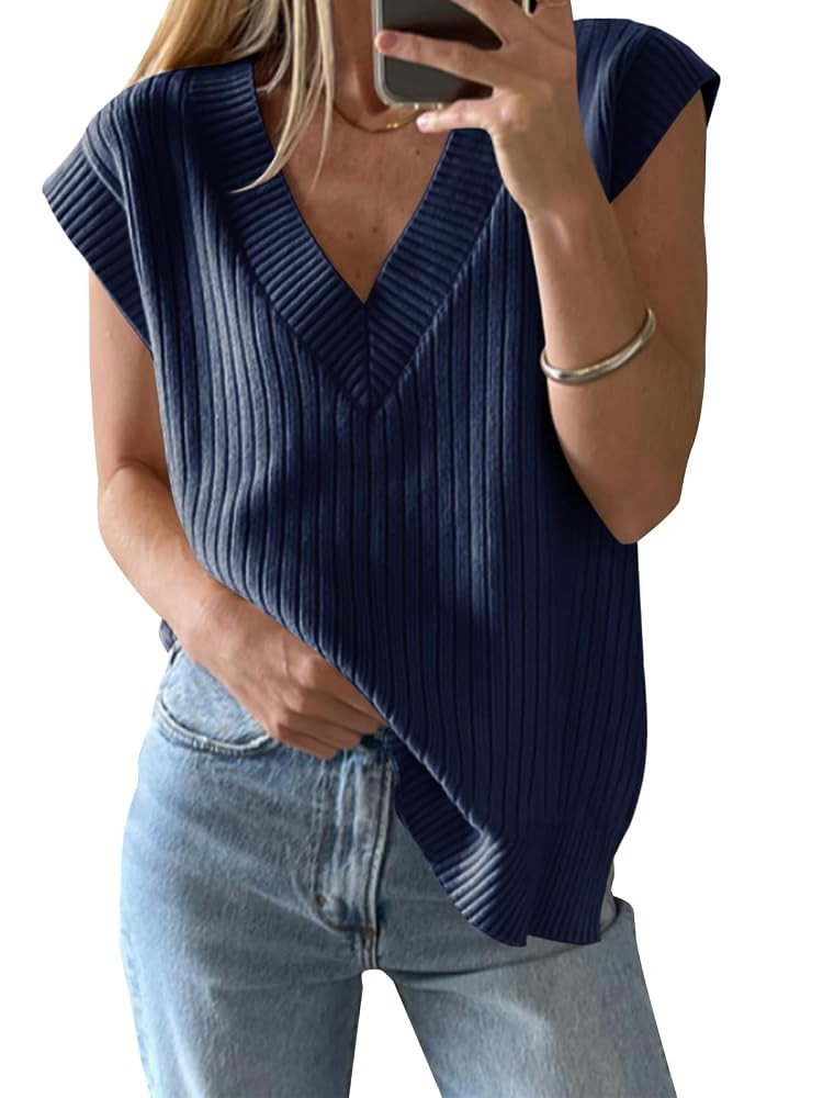 Saodimallsu Womens V Neck Sweater Vest Oversized Ribbed Knit Sleeveless Casual Loose Fit Pullover... | Amazon (US)