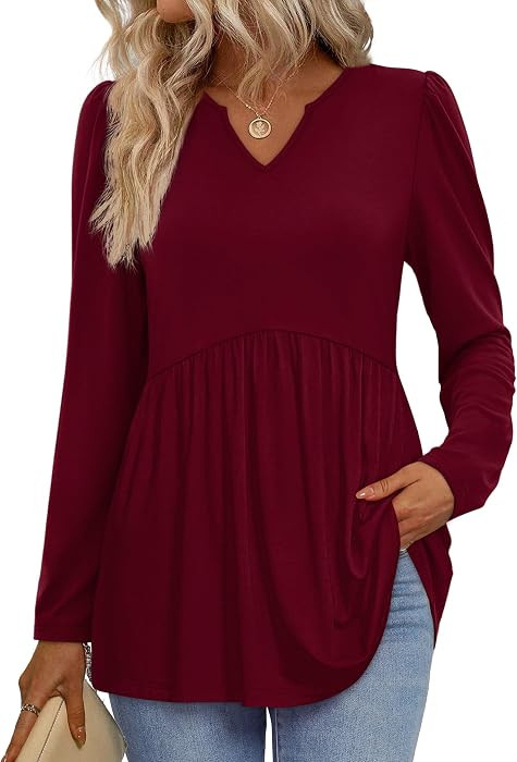 WIHOLL Womens Tops Long Sleeve Fall Shirts Babydoll Peplum Tops for Women V Neck Tunic Dressy Cas... | Amazon (US)