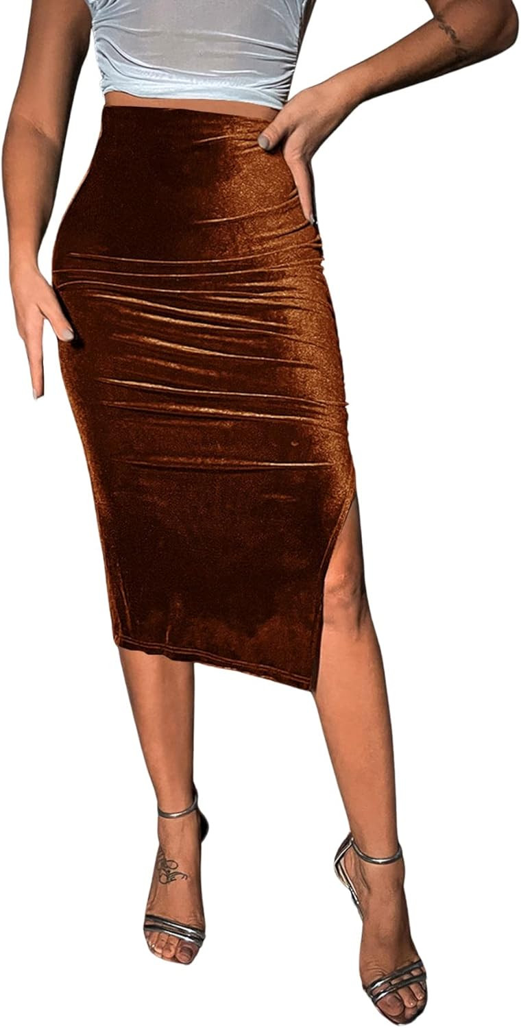 Floerns Women's High Waist Velvet Split Skirt Ruched Bodycon Midi Skirts | Amazon (US)