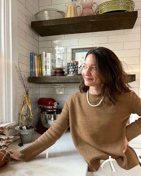 I don’t typically reach for neutrals but I love this @jennikayne camel colored sweater. Also, slowly collecting pieces for my open shelving in the kitchen- I think they need more color! #ripandtan #whitekitchen 

#LTKSeasonal #LTKstyletip #LTKhome