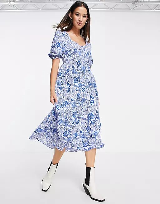 Topshop tiered shirring midi dress in blue floral | ASOS (Global)
