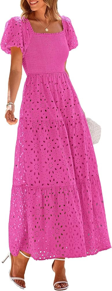 PRETTYGARDEN Summer Dresses Maxi Dress, Eyelet Square Neck Puff Sleeve Smocked | Amazon (US)