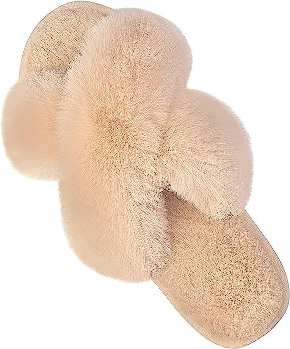 Women's Cross Band Slippers Soft Plush Furry Cozy Open Toe House Shoes Indoor Outdoor Faux Rabbit... | Amazon (US)