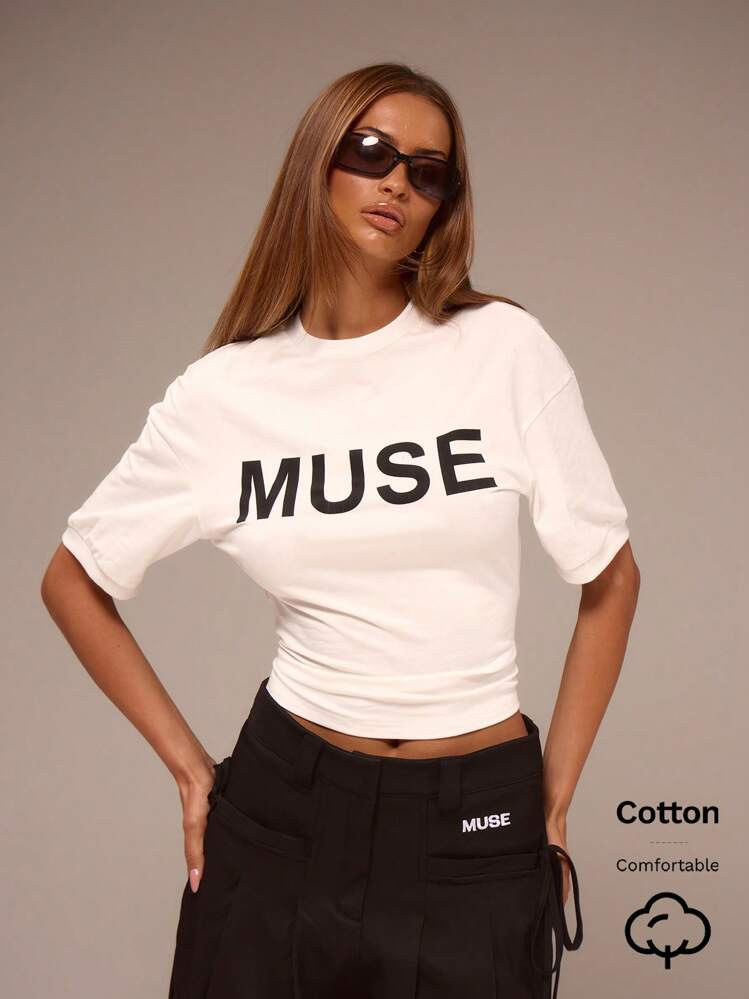 MUSERA MUSE Letter Graphic Drop Shoulder Oversize Crop Tee Casual Summer Sexy Beach Vacation Ibiza Summer | SHEIN