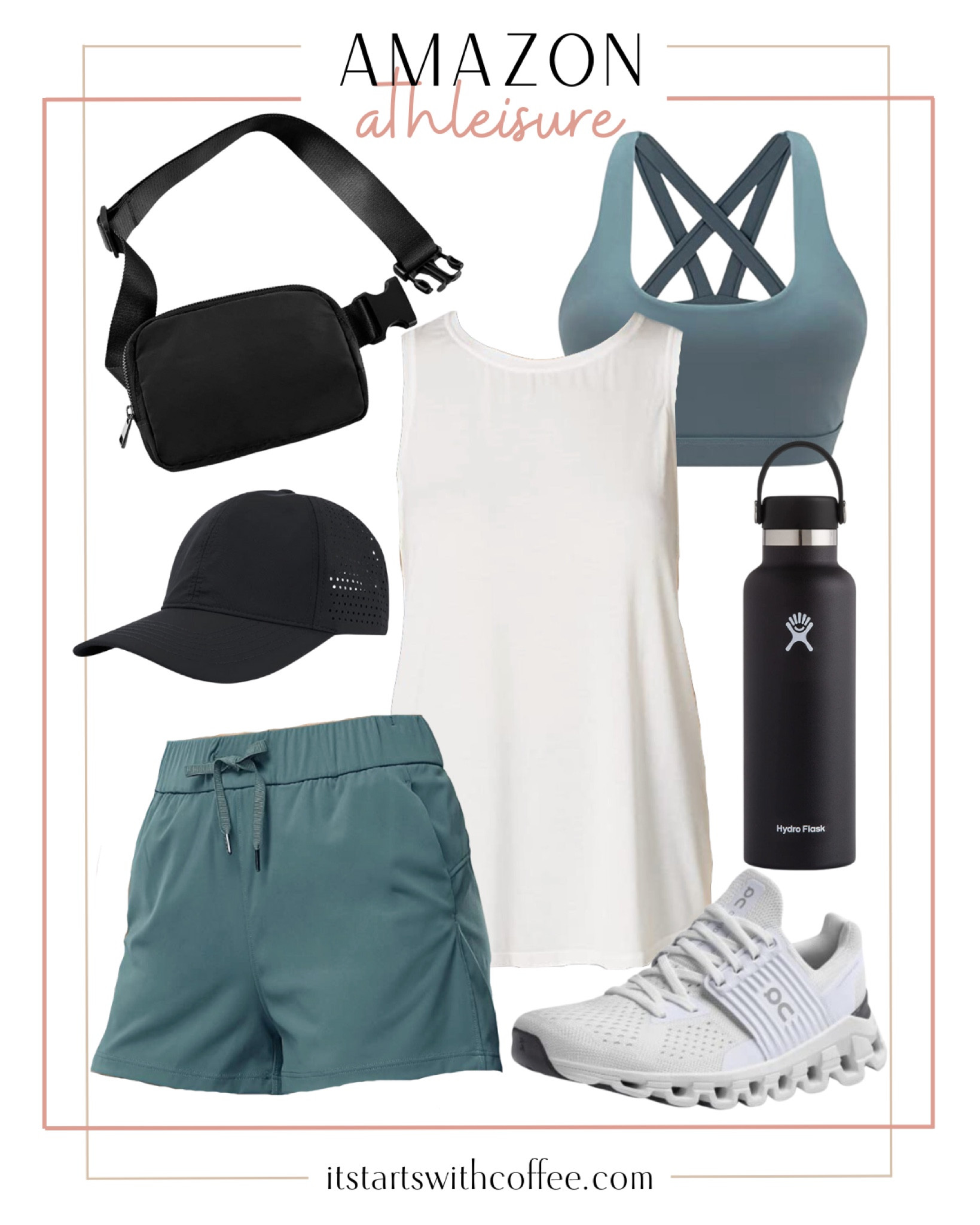 Amazon athleisure outfit includes sports bra, white tank, athletic shoes, On Cloud tennis shoes, black belt bag, black baseball cap, hydroflask waterbottle.

Outfit idea, casual outfit, mom outfit, summer outfit, every day outfit

#LTKstyletip #LTKunder50 #LTKfit