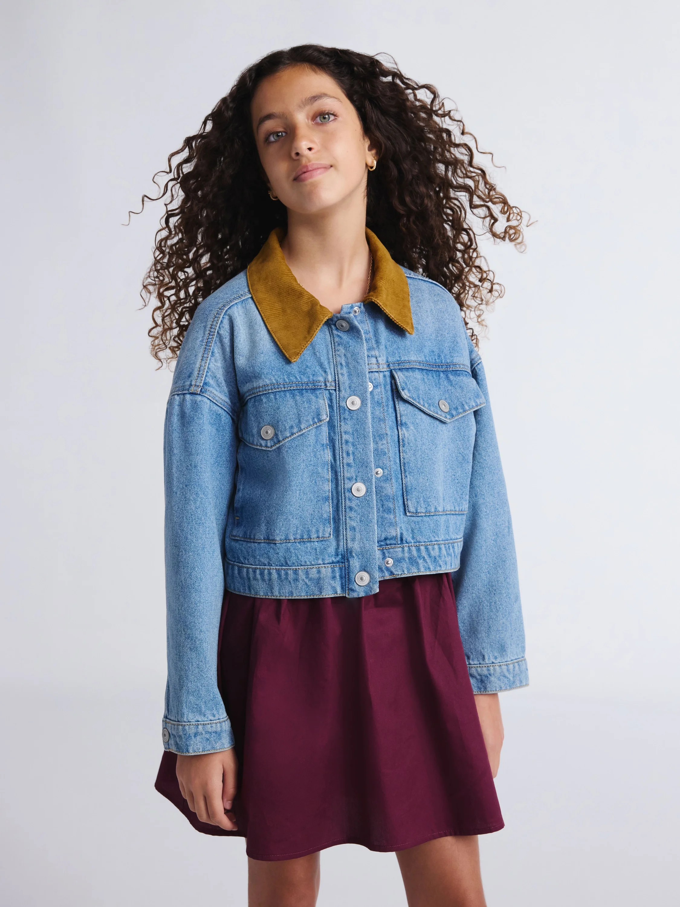 Weekend Academy Girls Denim Workwear Jacket with Corduroy Collar, Sizes 4-18 | Walmart (US)