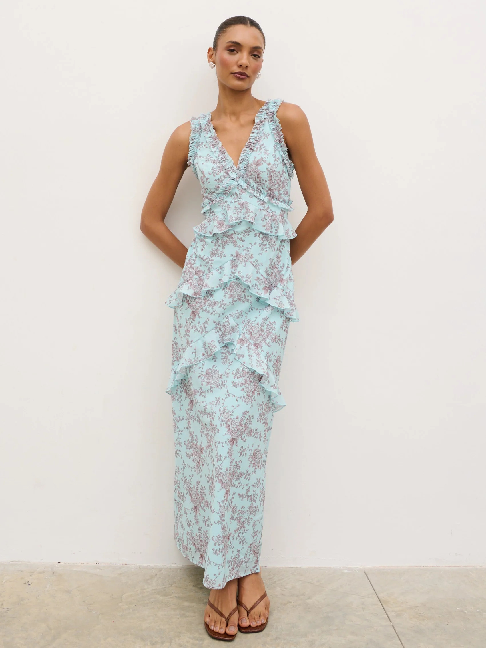 Aurelia Ruffle Maxi Dress - Seaspray and Brown Floral | Pretty Lavish (UK)